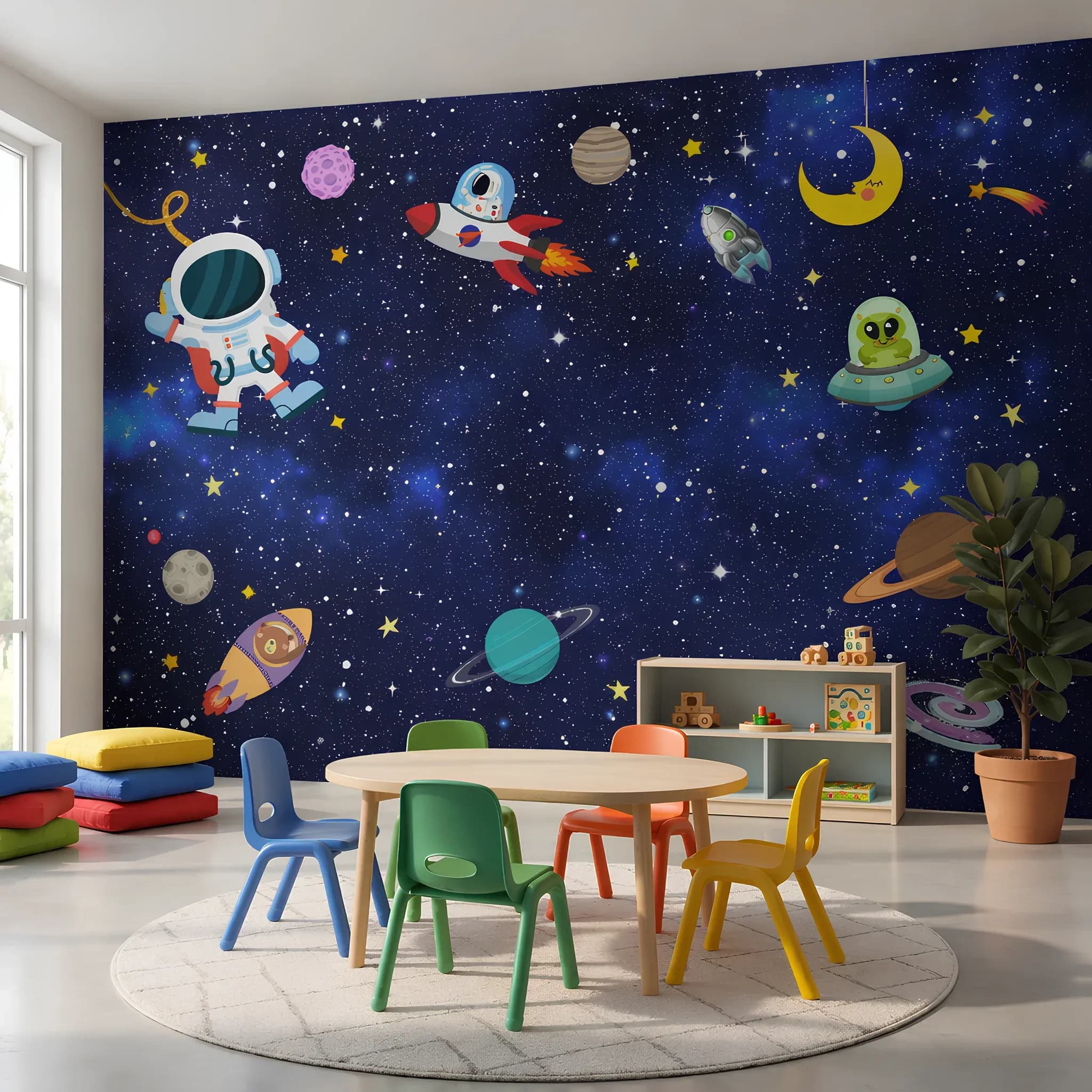 Minik Astronotun Uzay Macerası Çocuk Odası Silinebilir Duvar Kağıdı (m²) — ürün görseli 1