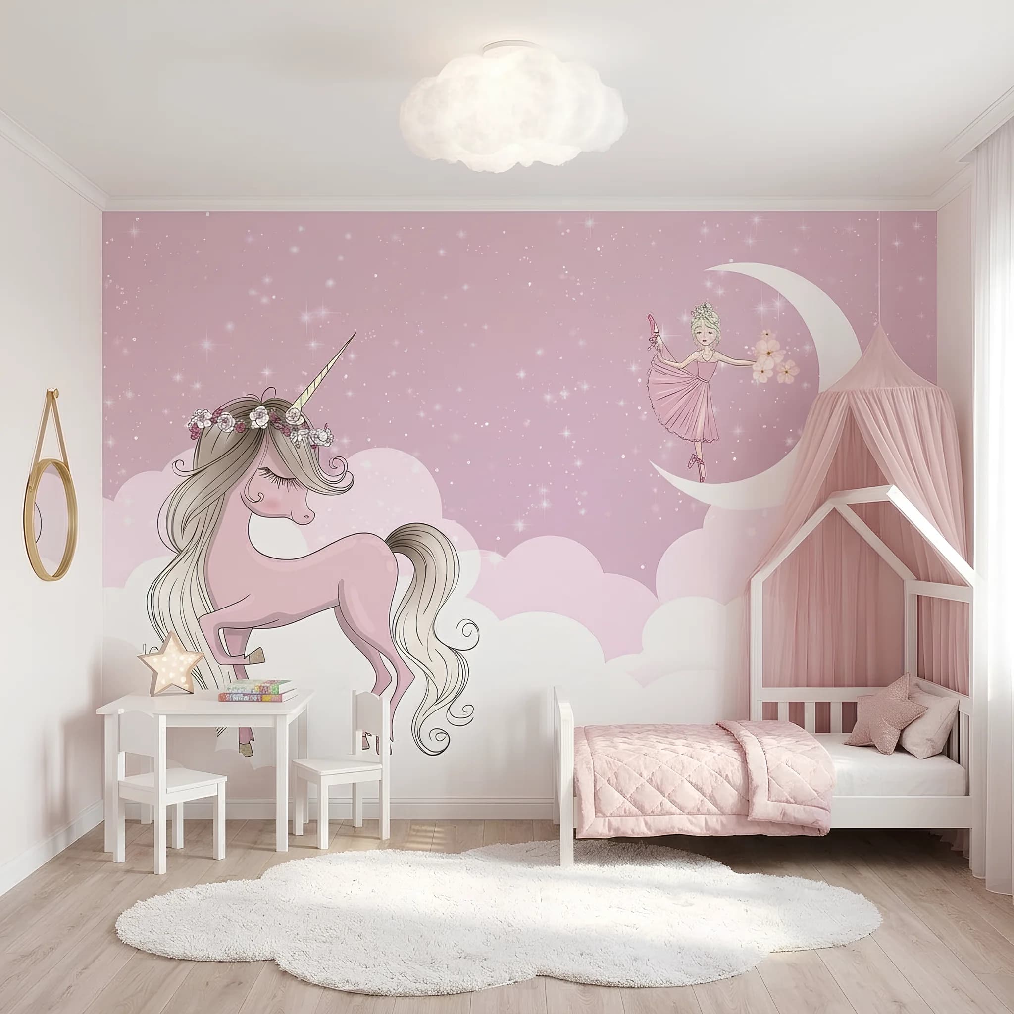 Çocuk Ve Bebek Odası Pembe Çiçek Taçlı Unicorn Ve Balerin Temalı Duvar Kağıdı (m²) — ürün görseli 1