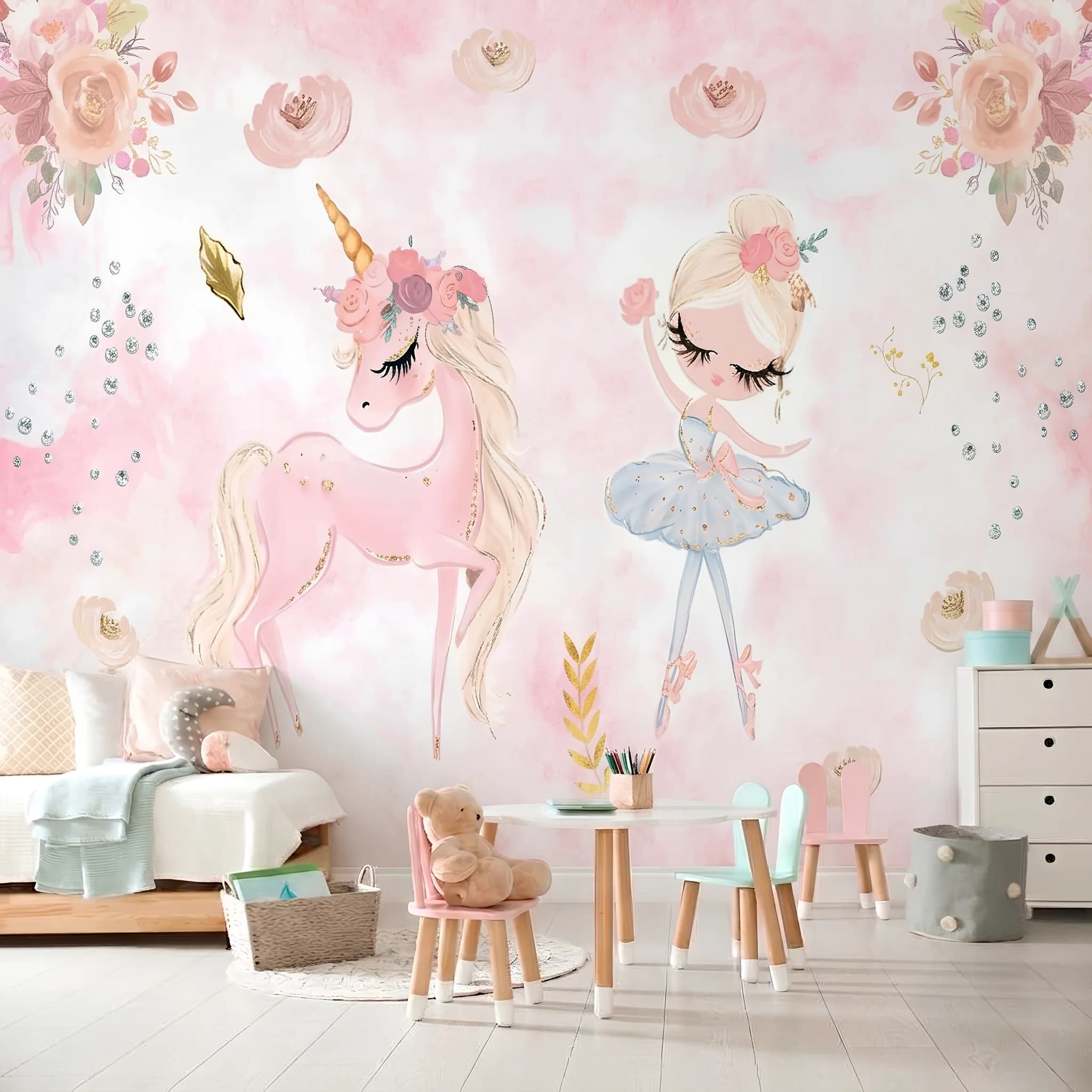 Pembe Suluboya Efektli Unicorn ve Balerin Kız Çocuk Odası Duvar Kağıdı (m²) — ürün görseli 1