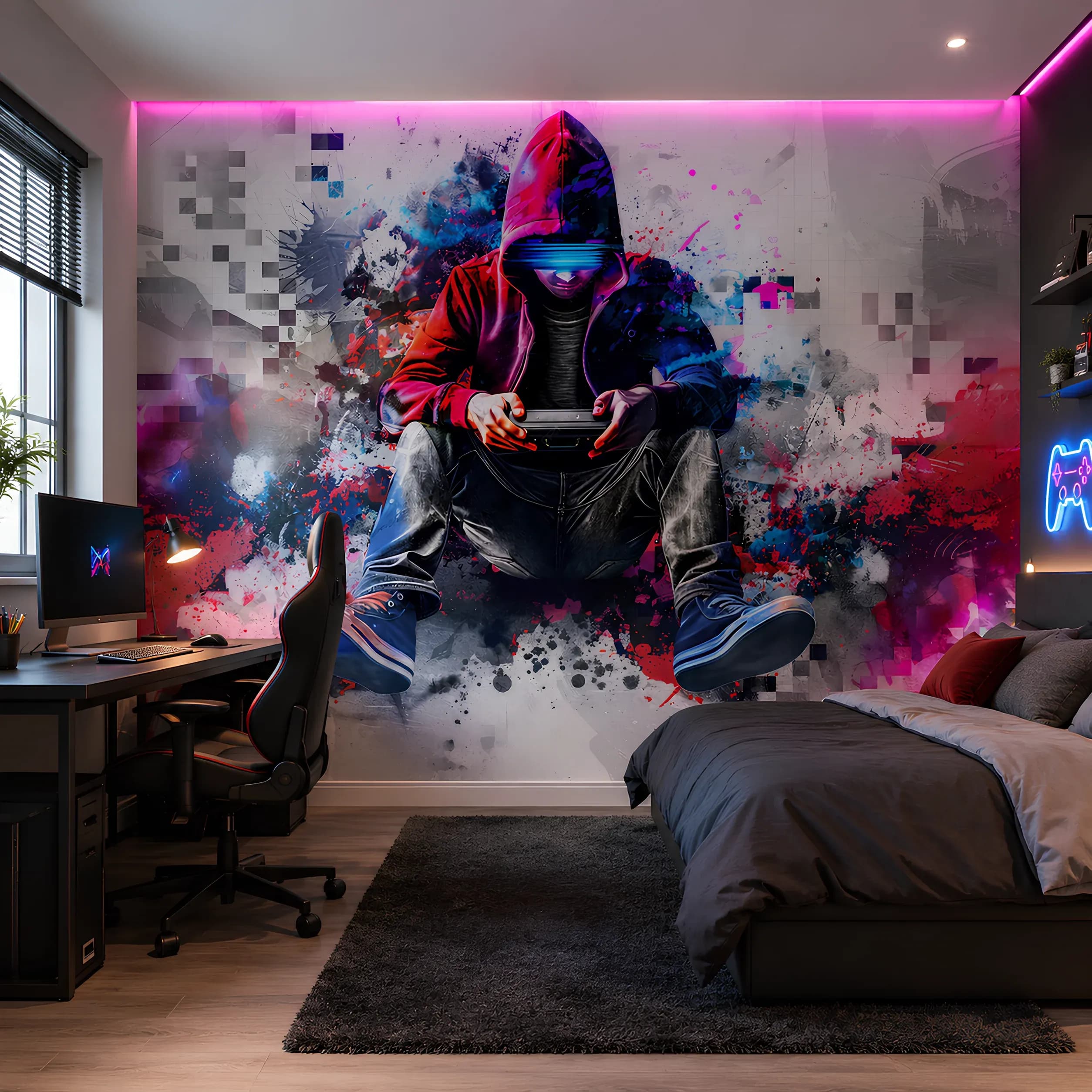 Renkli Graffiti ve Piksel Efektli Dinamik Gamer Duvar Kağıdı (m²) — ürün görseli 1