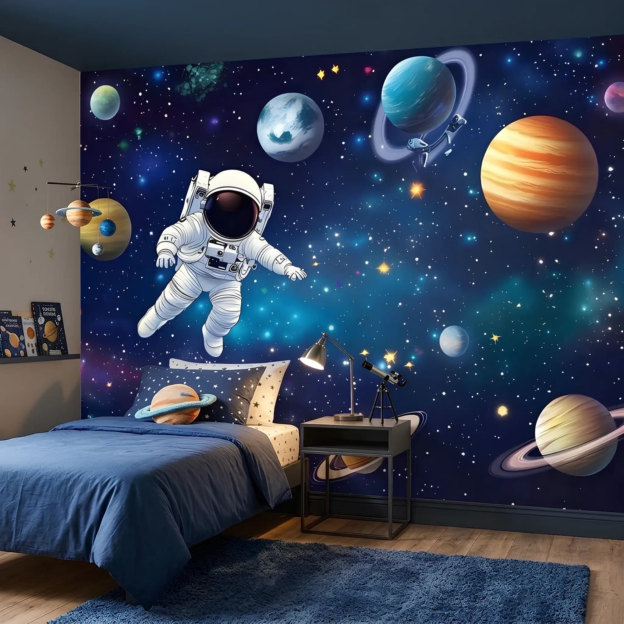 Gezegenler ve Uçan Astronot Desenli Silinebilir Duvar Kağıdı (m²) — ürün görseli 1
