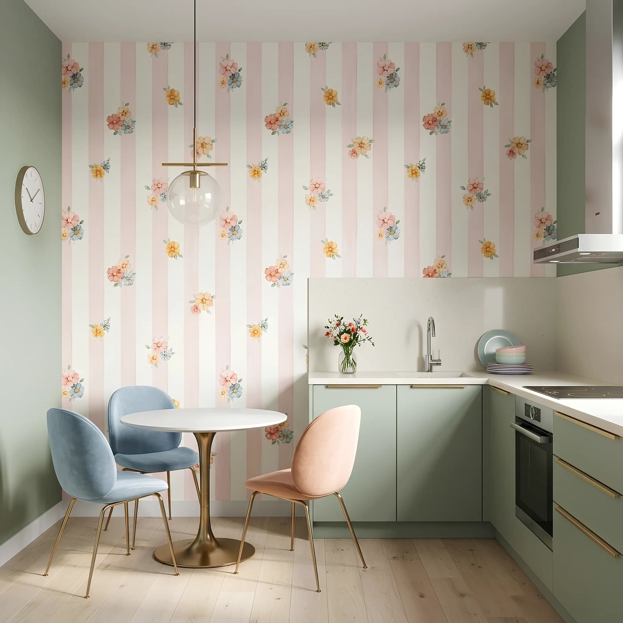 Pastel Tonlu Çiçekli ve Pembe Çizgili Vintage Duvar Kağıdı (m²) — ürün görseli 1