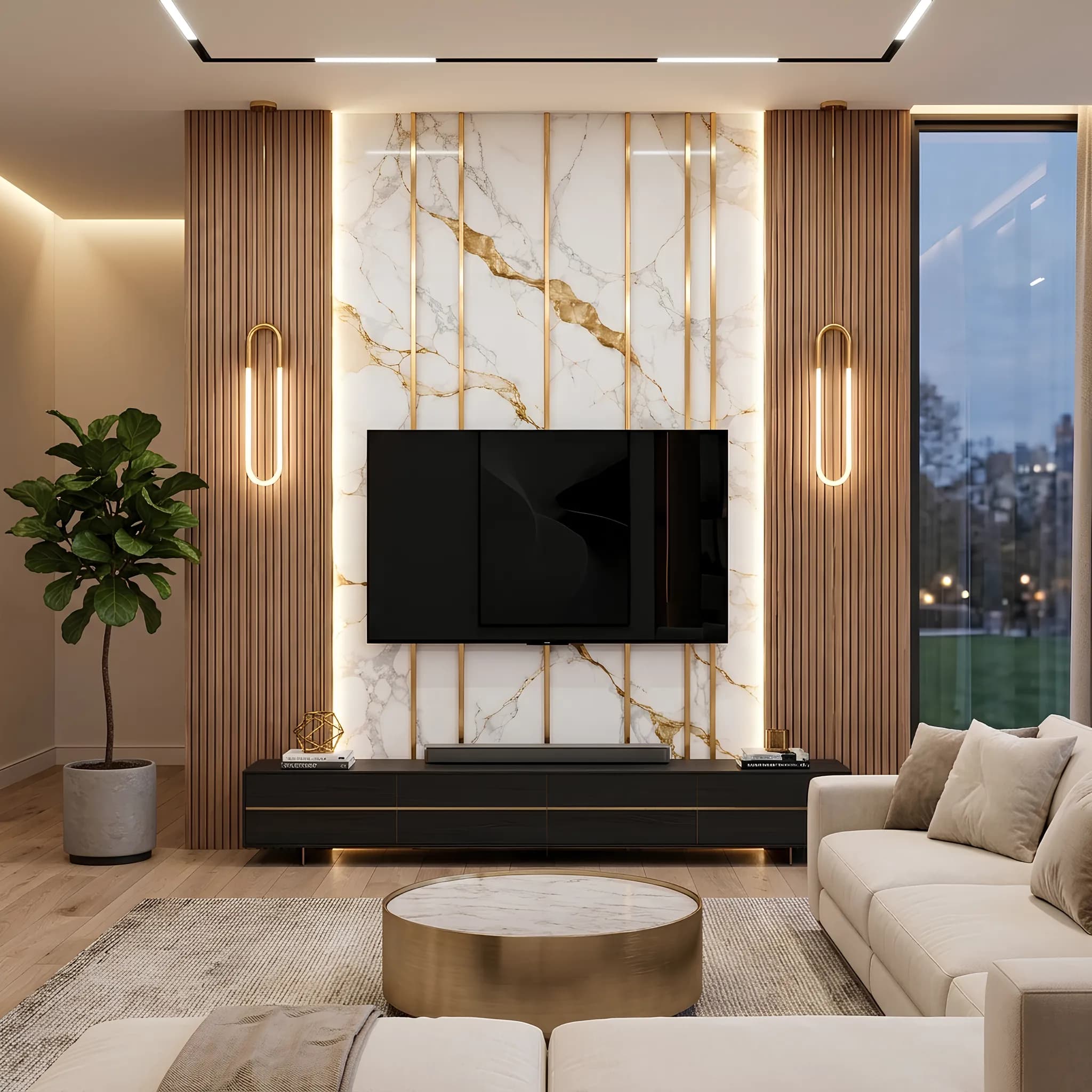 TV Ünitesi Arkası Ahşap Çıtalı Mermer Salon Duvar Kağıdı (m²) — ürün görseli 1