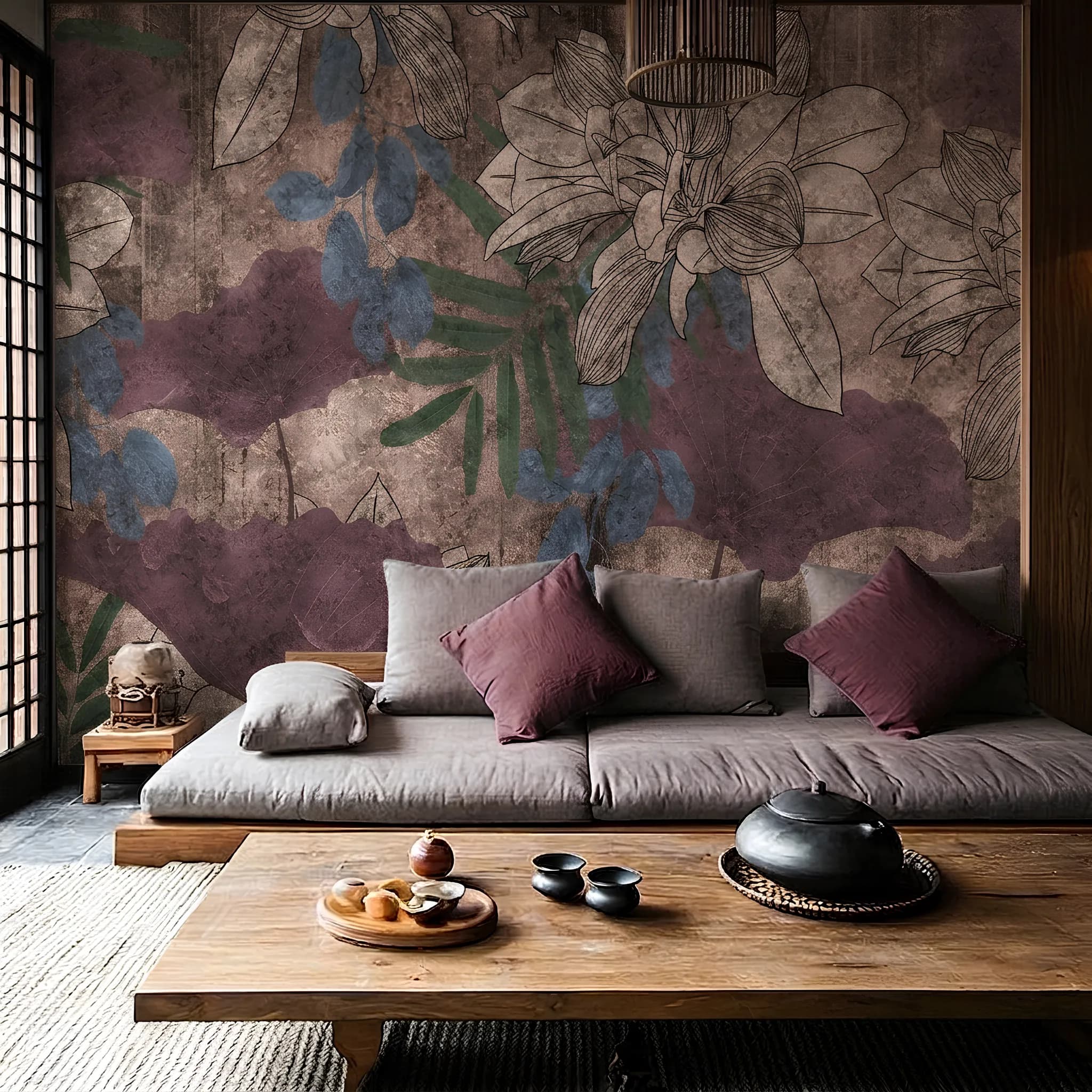 Lila Bahçesi Vintage Floral Desenli Tek Parça Dijital Baskı Duvar Kağıdı (m²) — ürün görseli 1