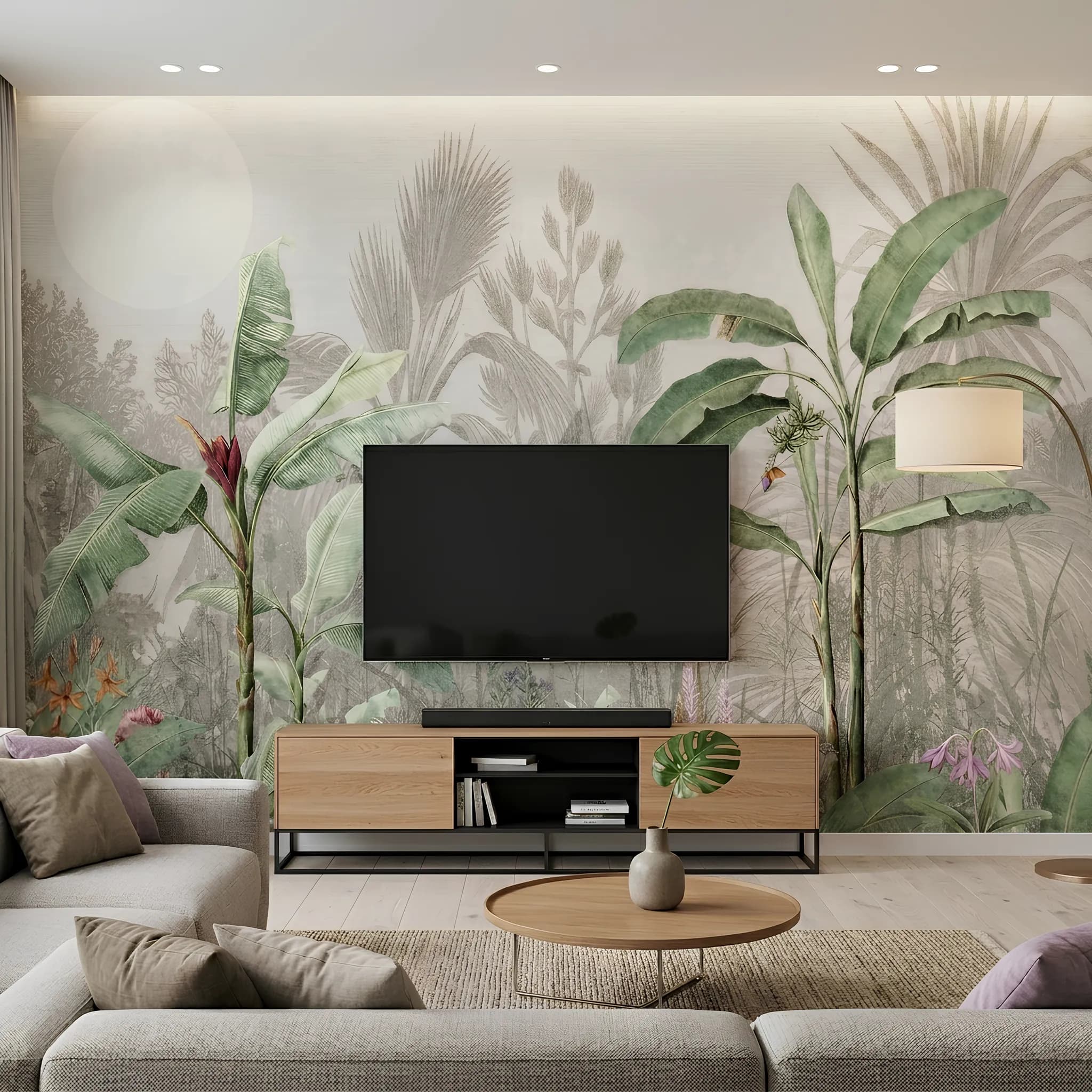 Modern Tropikal Manzara ve Botanik Çiçek Desenli Salon Duvar Kağıdı (m²) — ürün görseli 1