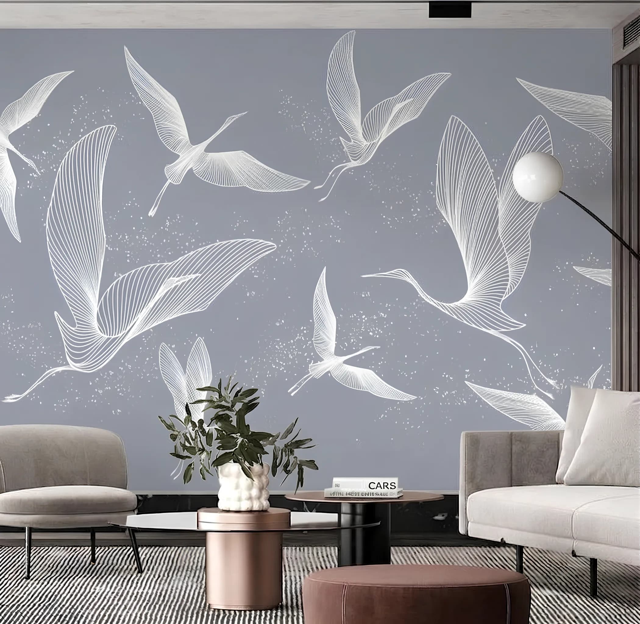 Minimalist Çizgi Sanatı Uçan Kuşlar Duvar Kağıdı (m²) — ürün görseli 1