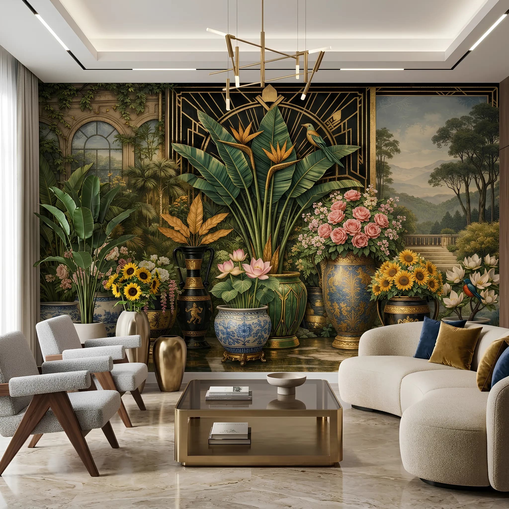 Tropikal Bitkiler ve Sanatsal Vazo Tasarımlı Manzara Duvar Kağıdı (m²) — ürün görseli 1