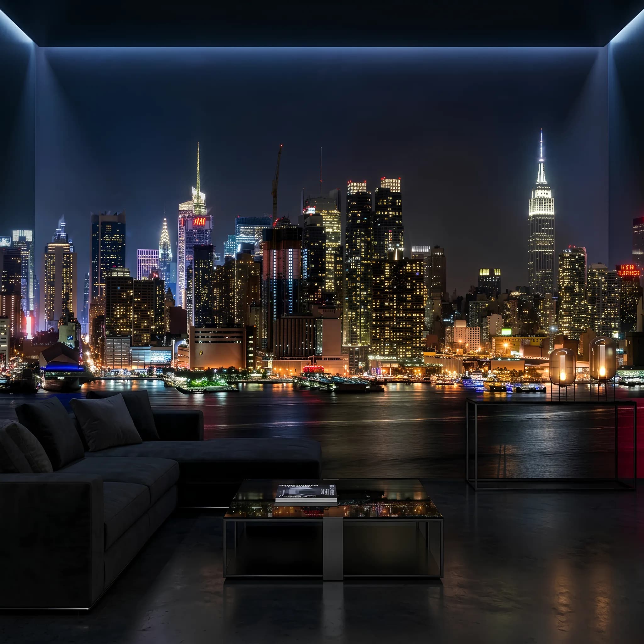 3D Görünümlü New York Gece Şehir Manzaralı Duvar Kağıdı (m²) — ürün görseli 1