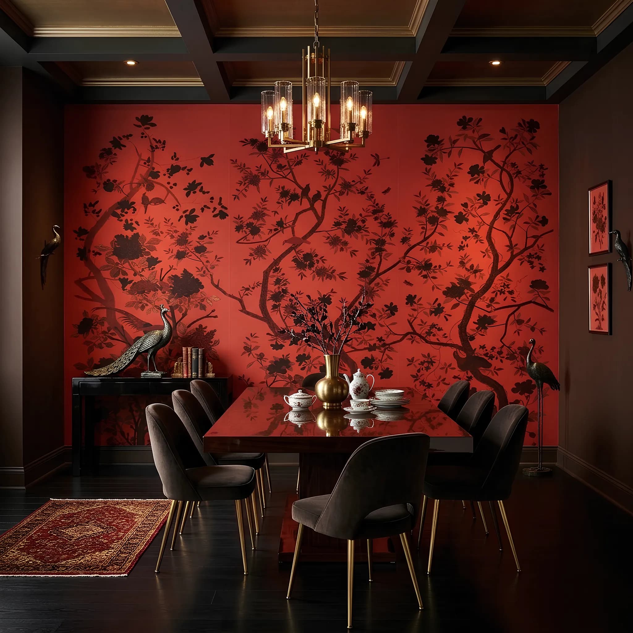 Kırmızı Siyah Kuş ve Ağaç Desenli Chinoiserie Retro Duvar Kağıdı (m²) — ürün görseli 1