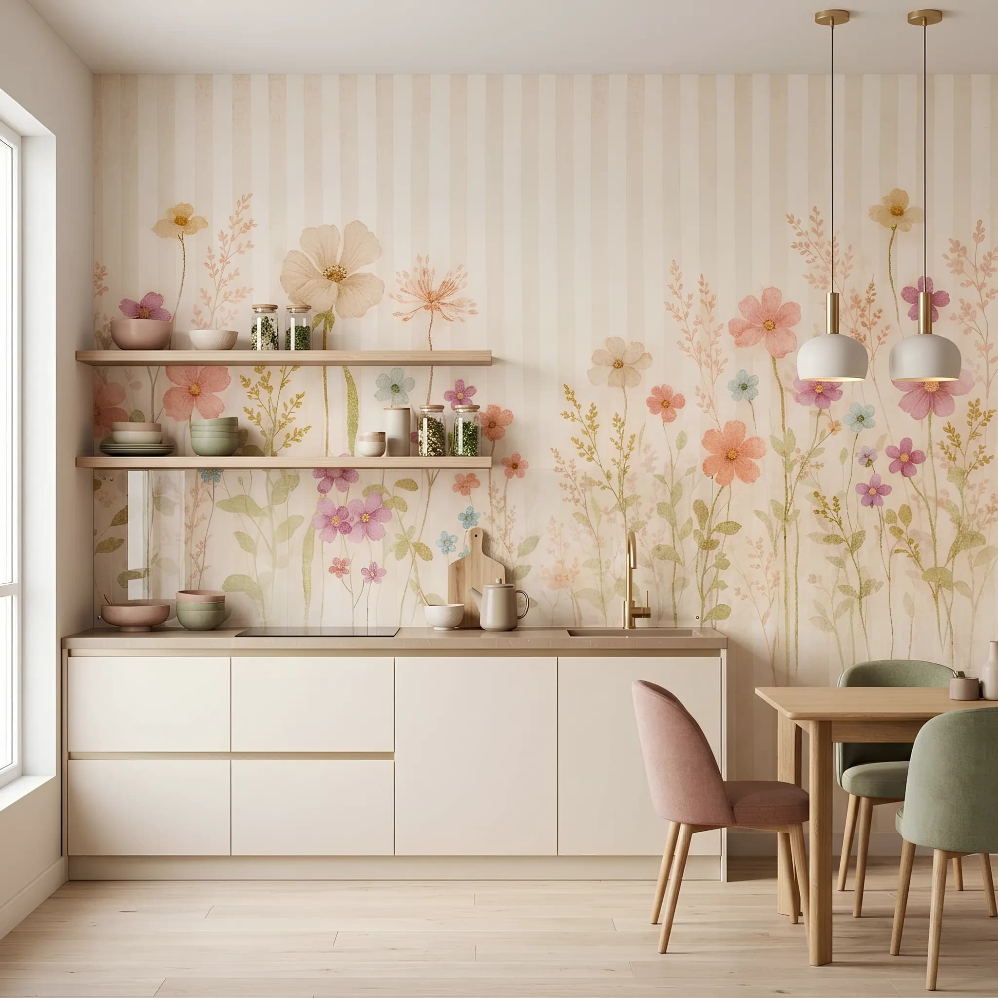 Pastel Renkli Bahar Bahçesi Çizgili Duvar Kağıdı (m²) — ürün görseli 1