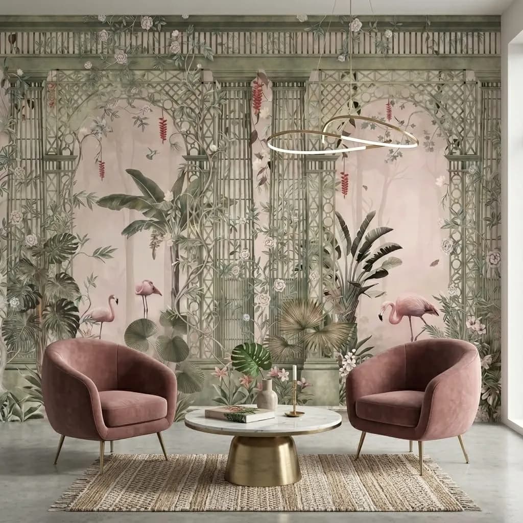 Vintage Tropikal Bahçe ve Flamingo Desenli Duvar Kağıdı (m²) — ürün görseli 1