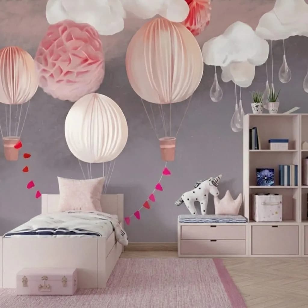 Uçan Balon ve Bulut Desenli Bebek Odası Duvar Kağıdı (m²) — ürün görseli 1