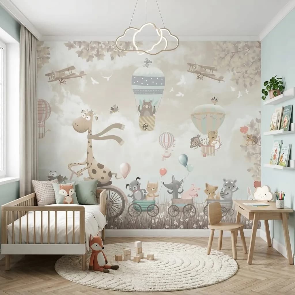 Pastel Tonlu Sevimli Hayvanlar ve Uçan Balonlar Çocuk Odası Duvar Posteri (m²) — ürün görseli 1
