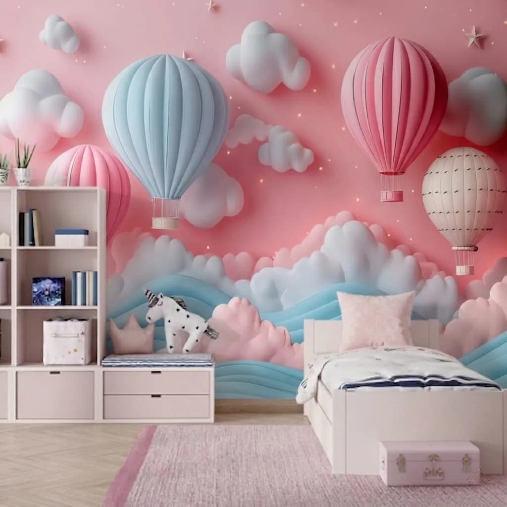 Pembe Gökyüzü, Bulutlar ve Uçan Balon Desenli Duvar Kağıdı (m²) — ürün görseli 1